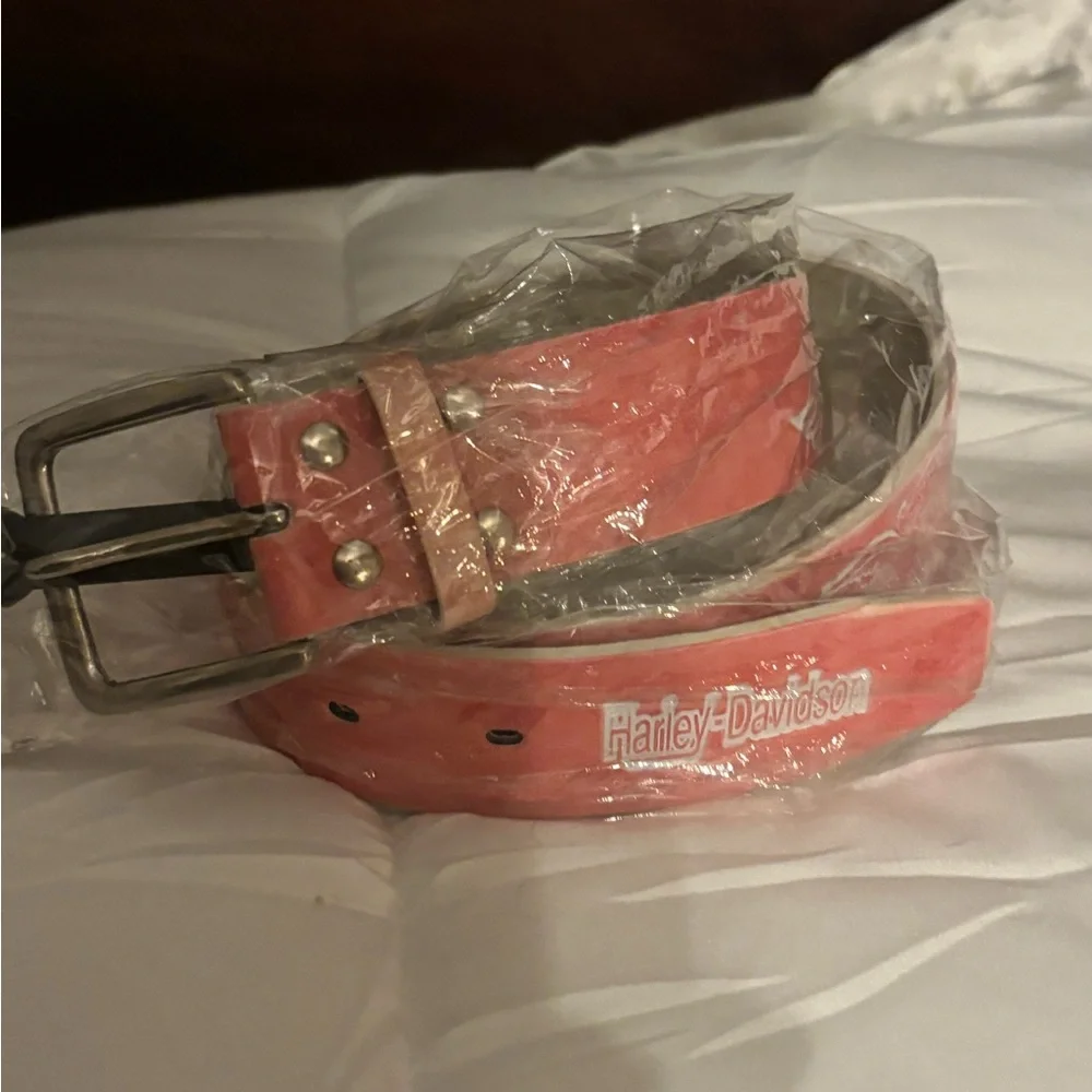 Harley-Davidson Coral Pink Leather Belt with White Logo appr. 36” long NWT
